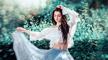 Woman In Flowing Dress With Green Bokeh, girls, model, white, dress, graphy HD wallpaper