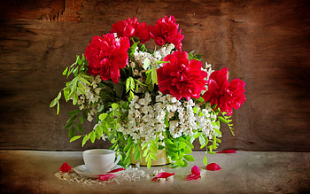Still life, bouquet, tea time, peonies, beautiful, spring, mix, pretty, petals, freshness, coffee, flowers, lovely HD wallpaper