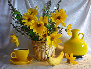 still life, graphy, tea, banana, beautiful, basket, drink coffee, yellow, flowers, flower bouquet HD wallpaper