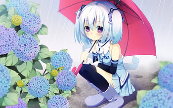 Rain Shower, umbrella, floral, beauty, nice, wet, flower, short hair, adorable, female, blossom, sweet, rain, blue hair, girl, beautiful, kawaii, anime girl, anime, pretty, lovely HD wallpaper