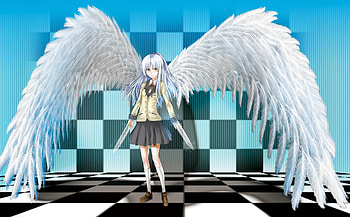 Kanade, skirt, wings, yellow eyes, feathers, angelbeats, white hair, school uniform, long hair HD wallpaper