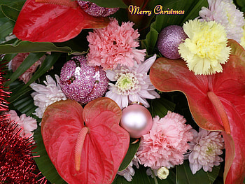 Christmas Flowers, carnations, anturium, balls, beautiful, pink, decoration, christmas bouquet, yellow, red HD wallpaper