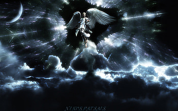 My guardian angel, moon, clouds, sky, angel, stars HD wallpaper