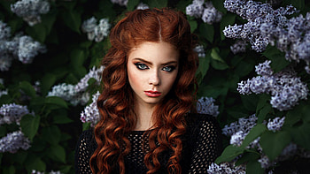 Redhead Curly Hair Girl Model Is Standing In White Flowers Plants Background Wearing Black Dress Girls HD wallpaper