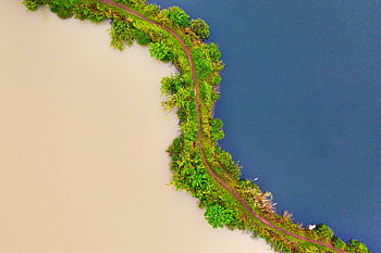 Aerial view of contrasting water bodies separated by lush green path in Banten, Indonesia. HD wallpaper