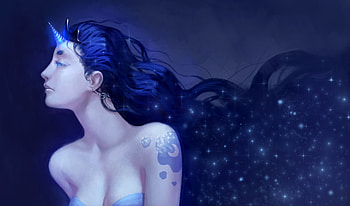 Princess Luna, blue, art, chirun, tattoo, girl, stars, lady, moon, fantasy, unicorn, sky, luminos HD wallpaper
