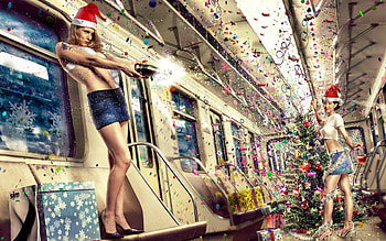 christmas, train, girls, anime HD wallpaper
