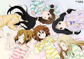 K-on, brown eyes, bed, black hair, long hair, wink, short hair, brown hair, blonde hair, black eyes, pijama HD wallpaper
