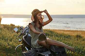 Cowgirl on her Motorcycle, motorcycle, cowgirl, model, blonde HD wallpaper