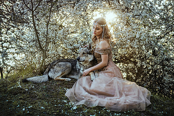 Blonde with her German Shepherd, dog, model, dress, blonde, outdoors HD wallpaper