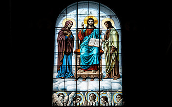 Jesus on Throne , Mary, John Baptiste, window, Jesus, church, Russia, angels HD wallpaper