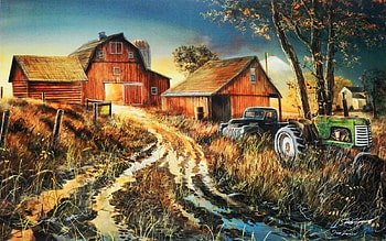 Diamonds in the Rough Tractor Farm, road, barn, house, artwork, painting, trees HD wallpaper