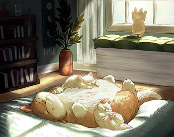 Sunbaths, fantasy, art, amanda anderson, kitten, pisici, cat HD wallpaper