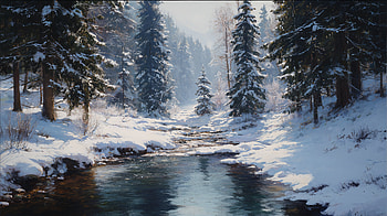 Winter Serenity — : Snowbound River, Stream, Pine Tree HD wallpaper