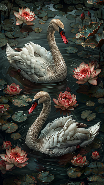 Swans Serenity - Elegant Waterfowl and Lilies, bird HD phone wallpaper