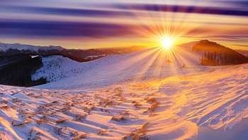 glorious sunrise in winter, winter, rays, trees, grass, mountains, sunrise HD wallpaper