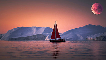 Full Moon Over Greenland, sky, mountains, sunset, evening, sailboat HD wallpaper