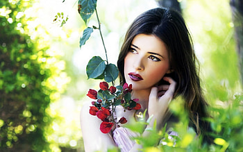 Pretty Woman, girl, model, leaves, flowers HD wallpaper