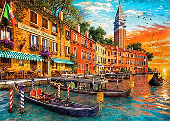 San Marco Sunset, boat, painting, art, dominic davison, pictura, san marco, italy, water HD wallpaper