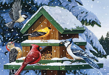 Winter Feast F1, chickadee, winter, animal, bird, art, blue jay, avian, artwork, woodpecker, wide screen, wildlife, painting, goldfinch, cardinal HD wallpaper