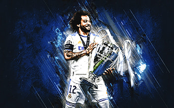 Marcelo, Real Madrid, blue stone background, Marcelo with Champions League cup, football, grunge art, Marcelo Vieira HD wallpaper