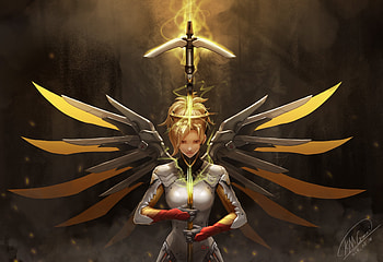 Robotic wings, mercy, angel, overwatch, artwork HD wallpaper