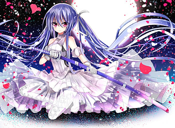White Samurai, long hair, dress, beauty, nice, moon, petals, sinister, female, sexy, sweet, hot, blue hair, girl, beautiful, anime girl, lance, anime, pretty, weapon, gown, lovely, spear HD wallpaper