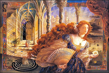 The twelve dancing princesses, fantasy, art, evantai, redhead, girl, illustration, kinuko y craft, handfan HD wallpaper