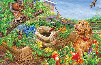 Wild ones, dog, art, skunk, vegetables, garden, veverita, bunny, painting, pictura, caine, squirrel, rabbit HD wallpaper