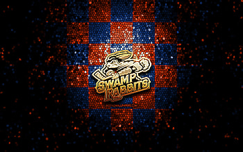 Greenville Swamp Rabbits, glitter logo, ECHL, orange blue checkered background, hockey, american hockey team, Greenville Swamp Rabbits logo, mosaic art HD wallpaper