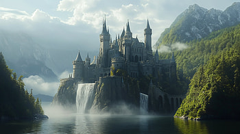 Majestic Fairytale Castle - Ultra, castle, waterfall, mountain, landscape HD wallpaper