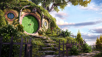 the shire, trees, plants, house, hobbits, flowers HD wallpaper