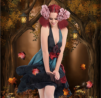 ✫Bright Autumn Breeze✫, colorful, emotional, plants, eyelashes, lanterns, cute, colors, digital art, dragonflies, dress, butterflies, bright, trees, female, lamps, beautiful, leaves, Autumn Breeze, pretty, light, manipulation, cool, face, models, girls, flowers, women, redhead, lovely, hair HD wallpaper