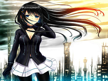 Kazu Haruka, Black Shirt, Sunset, Anime, Original, Big Breasts, Black Hair, Cute, Wind, White Skirt, Girl, City, Sweet, Sexy, Blue Eyes, Long Hair HD wallpaper