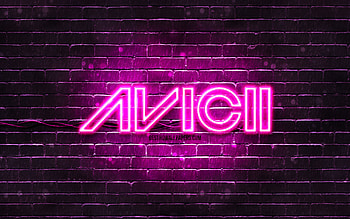Avicii purple logo, , superstars, swedish DJs, purple brickwall, Avicii logo, Tim Bergling, Avicii, music stars, Avicii neon logo HD wallpaper