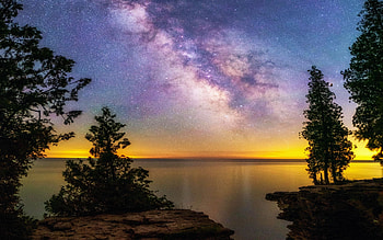 Milky Way from Door County, Wisconsin, clouds, trees, colors, landscape, lake, usa HD wallpaper