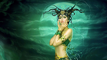 Fantasy Girl, Unearthly, moon, green, dreamy, beauty HD wallpaper