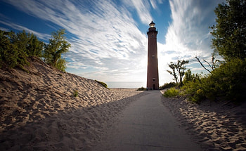 Lighthouse, road, nature, tree HD wallpaper