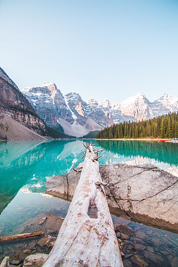 Stunning view of Moraine Lake with snowy peaks and clear turquoise waters in Banff National Park. HD phone wallpaper