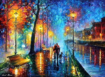 Melody of the night, night, rain, art, leonid afremov, painting, lights, pictura, couple, silhouette HD wallpaper