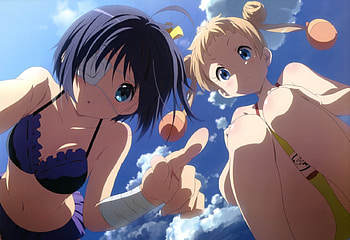 Rikka and Dekomori, shittai, rikka, girl, bikini, umi, koi, demo, ga, patch, chuunibyou, anime, dekomori, eye HD wallpaper