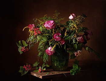 Roses, Bouquet, Vase, Table, Berries, Branches HD wallpaper