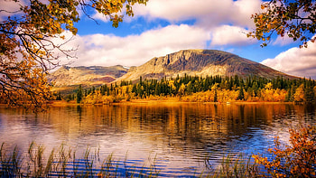 Auumn Landscape in Norway, water, reflections, lake, hills, trees, forest HD wallpaper