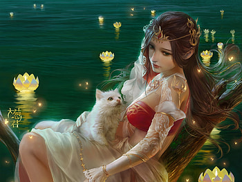 Beauty with cat, night, frumusete, girl, cat, lake, pisica, summer, fantasy, luminos, lantern, water HD wallpaper