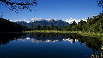 Lake at South Island, New Zealand, trees, sky, reflection, water, landscape HD wallpaper