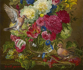 Floral with doves, dove, bird, yana movchan, grapes, rose, painting, red, pictura, flower, fruit, pasari HD wallpaper