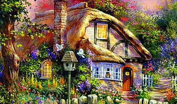 dream cottage, garden, flowers, cottage, house HD wallpaper