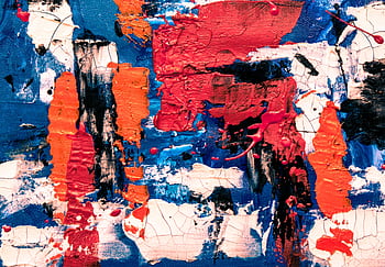 Dynamic abstract painting featuring bold red, blue, and orange colors, creating an expressive artistic texture. HD wallpaper