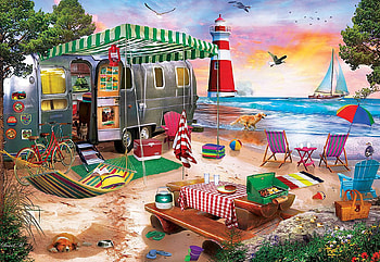 Oceanside Camping, table, sea, bench, birds, lighthouse, caravan, dogs, cat, beach, chairs HD wallpaper