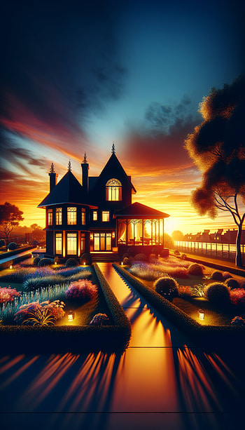 Dreamy Sunset Manor - Enchanting Home, house, garden, landscape HD phone wallpaper